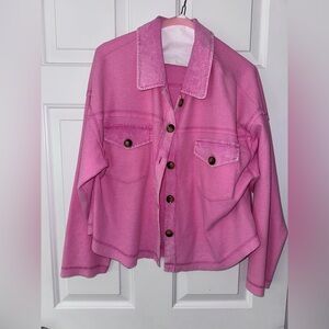 Altar'd State Pink Waffle Button-Front Jean Jacket
